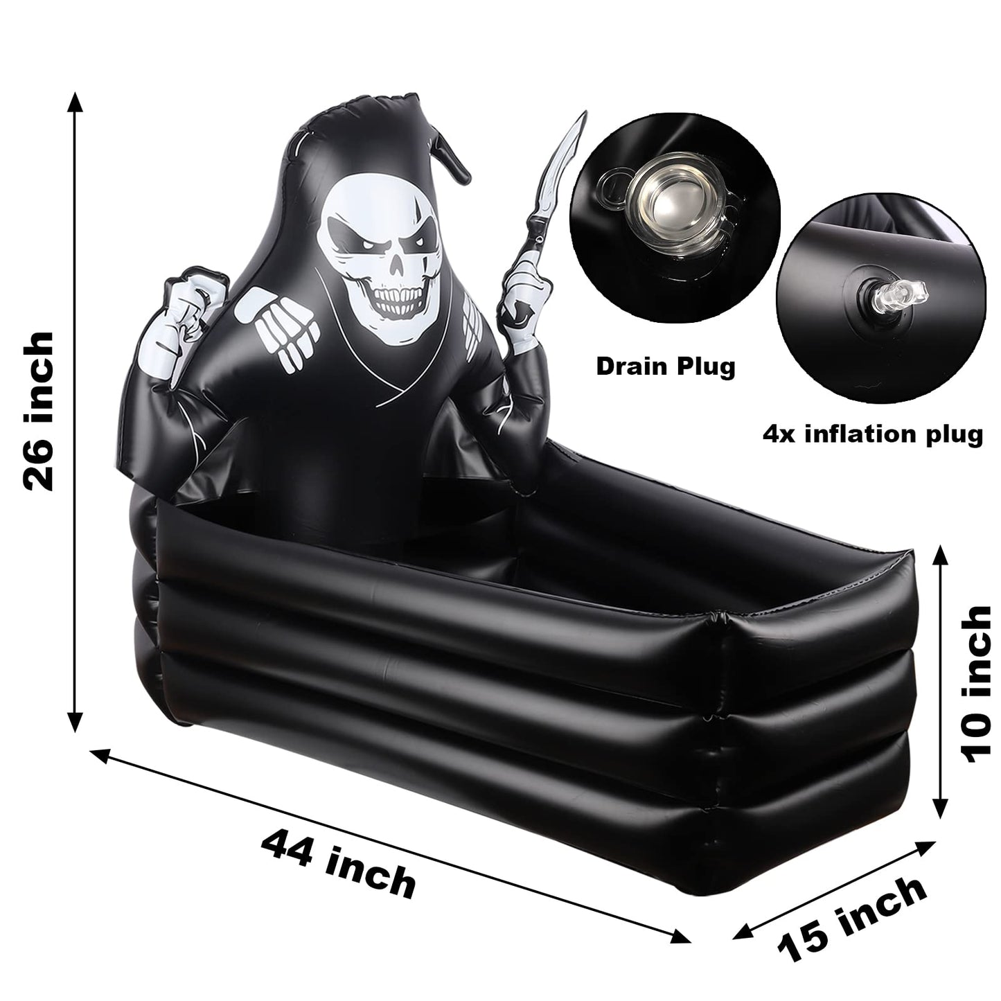 44 Inch Inflatable Grim Reaper Coffin Cooler Halloween Party Supplies 120+ Cans Large Capacity Inflatable Drink Holder for Indoor Outdoor Home Halloween Birthday Party Decorations, Black