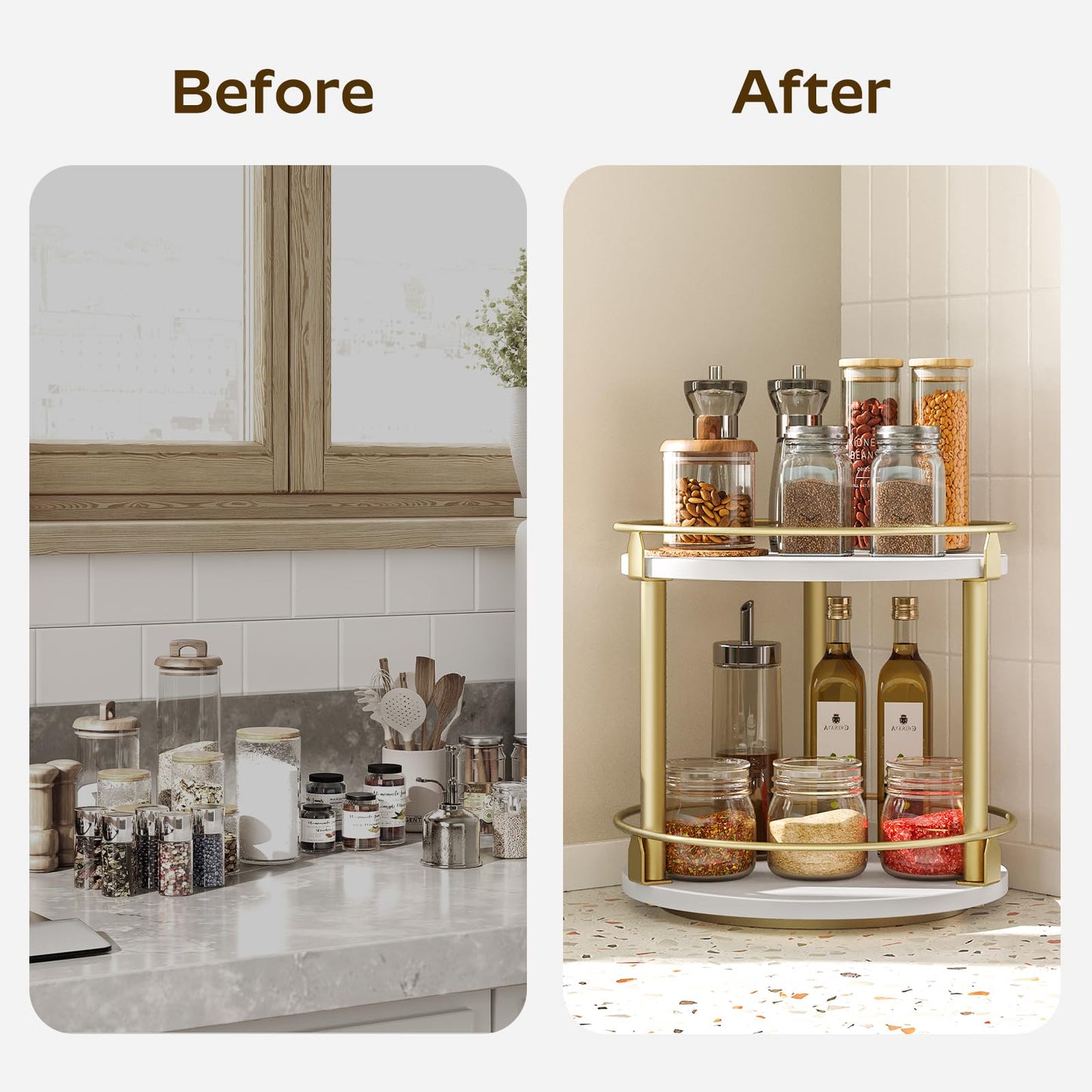 3-Tier Lazy Susan Organizer, Rotating Spice Rack, Spinning Organizer, Industrial Turntable Spice Rack Organizer for Cabinet, Kitchen Countertop, Pantry, Rustic Brown and Black SR23BR