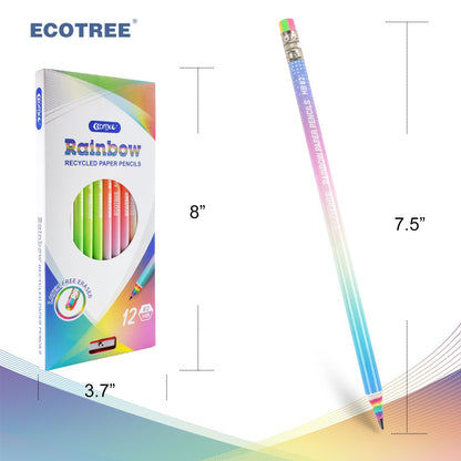 ECOTREE Pre-sharpened Pencils #2 Eco Rainbow Paper Pencil Cute Pencils for Kids Number 2 Pencil with Erasers for School, Writing, 12 Count