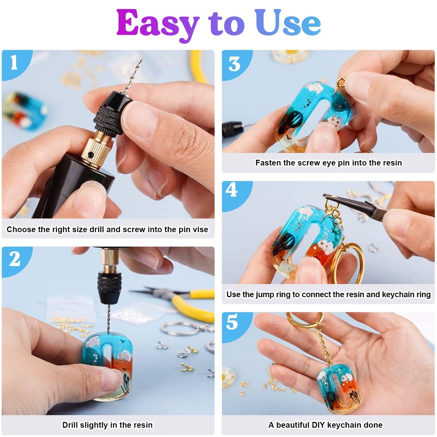 LET'S RESIN Electric Resin Drill, 74Pcs Hand Drill Supplies with 3-Jaw Clamp-Applicable to A Larger Drilling Range (0-3mm), Grip Nose Pliers, Keychain Making Kit, Tools for Resin Art