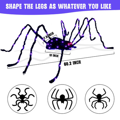 EAMBRITE Halloween Decorations Outdoor 5FT Bendable Scary Giant Spider with 83LT Purple Lights Black Fake Spider for Halloween Indoor Outdoor Yard Home Parties Creepy Décor
