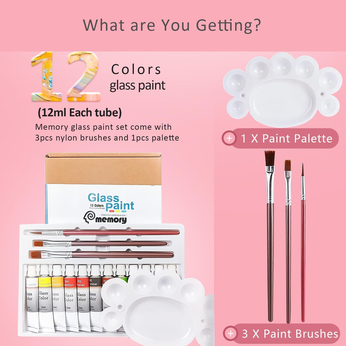 Colorful Stain Glass Paint Kit with 12 Colors, 3 Nylon Brushes, 1 Palette, Permanent Acrylic Enamel Painting Set to Create Translucent Arts on Transparent Wine Glasses, Enamel, Window and Glass