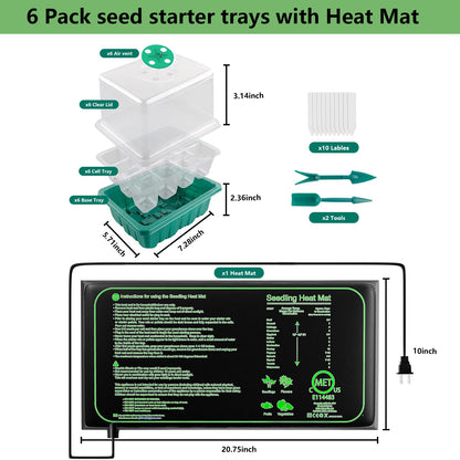 6-Pack Seed Starter Trays with 10"x20.75" Seedling Heat Mat for Indoor Home Gardening Seed Starting, 72-Cell Seed Starter Kit with Humidity Dome(12 Cells per Tray), MET Certified
