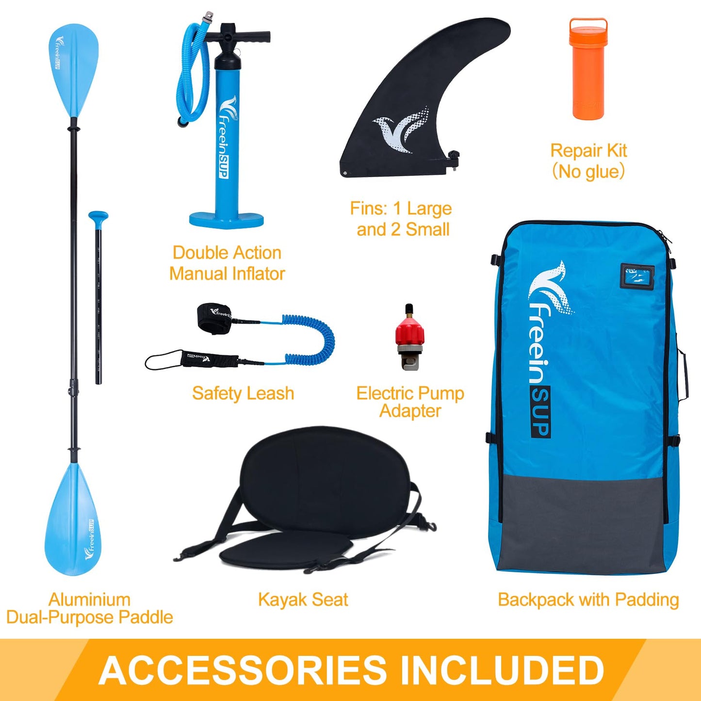 Freein Inflatable Stand Up Paddle Board ，Capacity 2-in-1 SUP/Kayak with Adjustable Seat ，Electric Pump Adapter ，Non-Slip Diamond Deck & Travel Backpack ，for Adults/Fishing/Yoga (Aqua, 11')