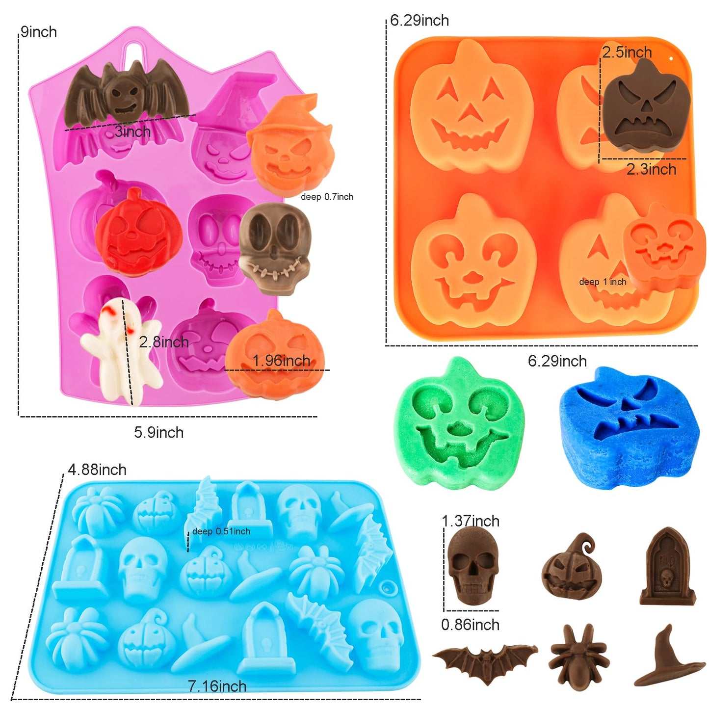 Halloween Silicone Chocolate Molds 5PCS Pumpkin Bat Skull Ghost Spider Shape Baking Molds Large Medium Small Cavity for Chocolate Jelly Soap Fondant Candy Candles Pastry Gummies Cake Decorating