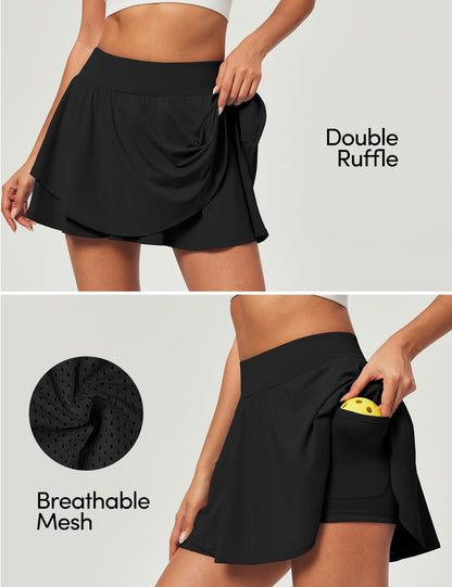 IUGA Tennis Skirt Pleated Skorts for Woman Double Ruffle Golf Skirts for Women Skort with Pockets Tummy Control Athletic Black