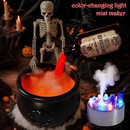 Halloween Decoration Set, Ultrasonic Mist Maker Fogger with Black Witch Cauldron DIY Magic Floating Bottles Halloween Skeleton Splash Guard, Spooky Hocus Pocus Party Decor for Home Garden Kitchen Yard