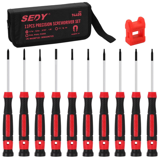 11-Piece Precision Screwdriver Set - Magnetic Mini Screwdrivers for Eyeglasses, Watches, Computers, Laptops, Phones - Phillips, Slotted, Torx, Non-Slip Handle, Portable Storage Bag Included