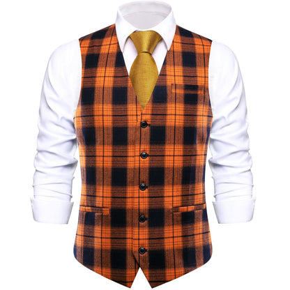 Hi-Tie Orange Black Halloween Suit Vest Mens Slim Fit Plaid Waistcoat 3 Pockets Formal Casual Tuxedo for All Saints' Day