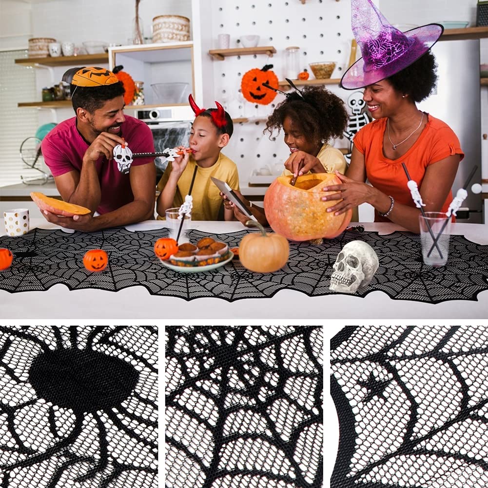 Halloween Table Runner, Black Lace Spider Web Table Runners for Halloween Decor/Party Dinner Table Decoration 18 x 72Inch