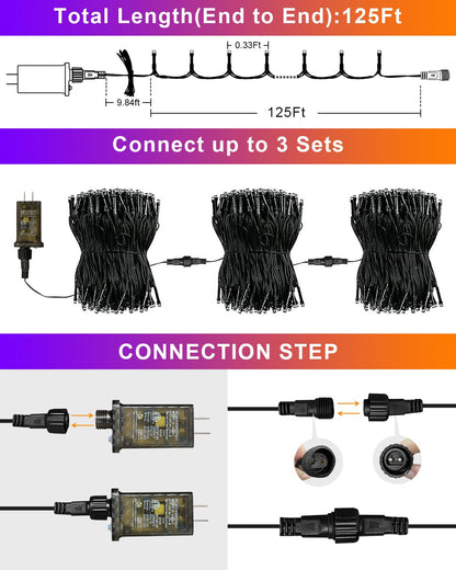 JIXXULVU 125 FT 380 LED Halloween String Lights, Outdoor Waterproof Black Wire with 8 Modes, Timer & Memory, Plug-in Halloween String Lights for Indoor Yard Tree Decorations, Purple & Orange