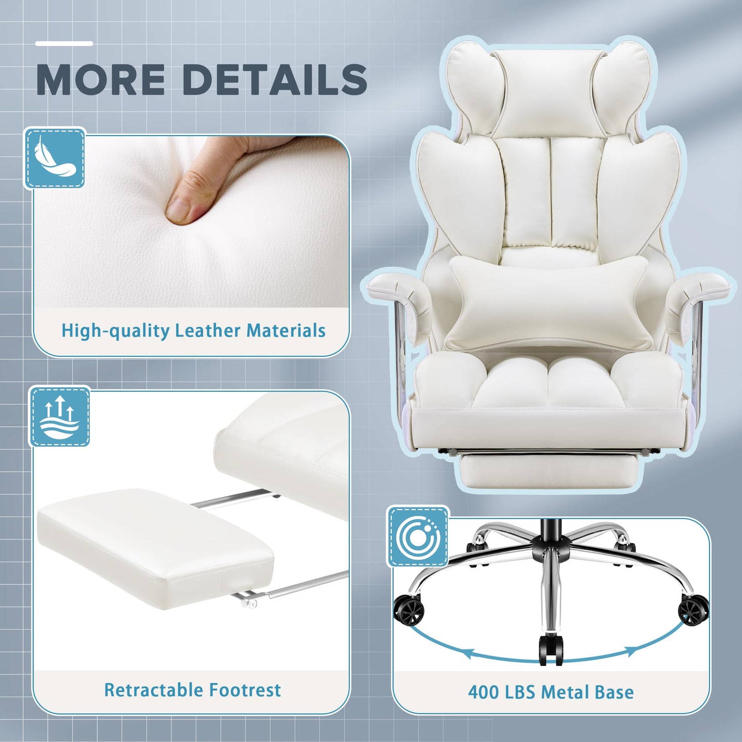 Furmax Big and Tall Office Chair, High Back Leather Gaming Chair with Footrest, Reclining Ergonomic Executive Chair with Lumbar Support for Heavy People 400lbs Home Office Desk Chairs (White)