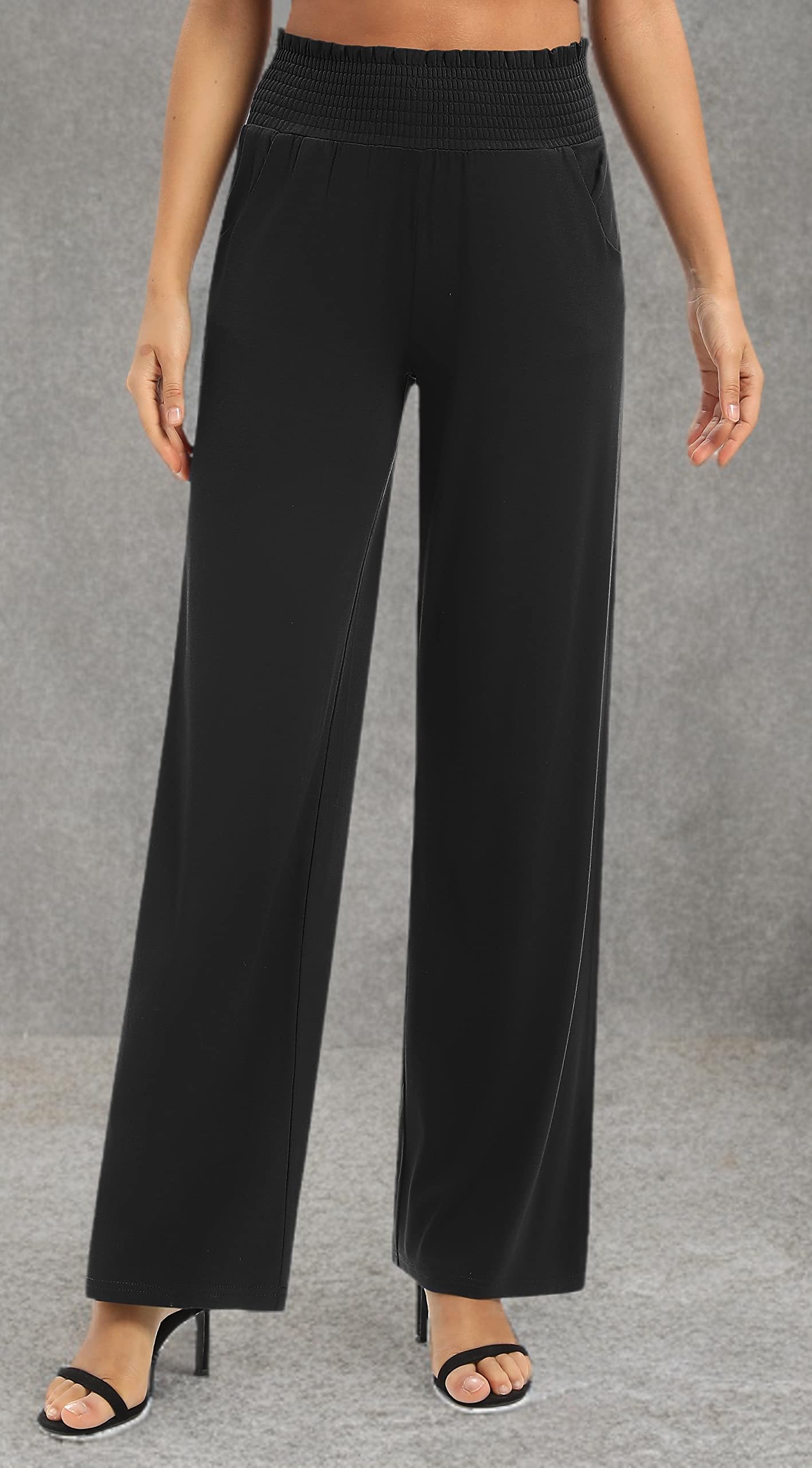 EXCHIC Women's Plain Loose Straight Cut Palazzo Trousers, High Waist, Stretchy Lounge Trousers with Pockets