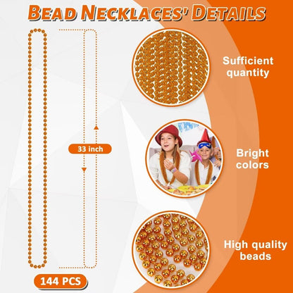 144PCS Bead Necklace, Orange Halloween Bead Necklaces Party Favors, 33" Mardi Gras Beads Necklaces Costume Bulk, Festival Parade Throw Accessories for Mardi Gras Halloween Wedding Celebrations Decor