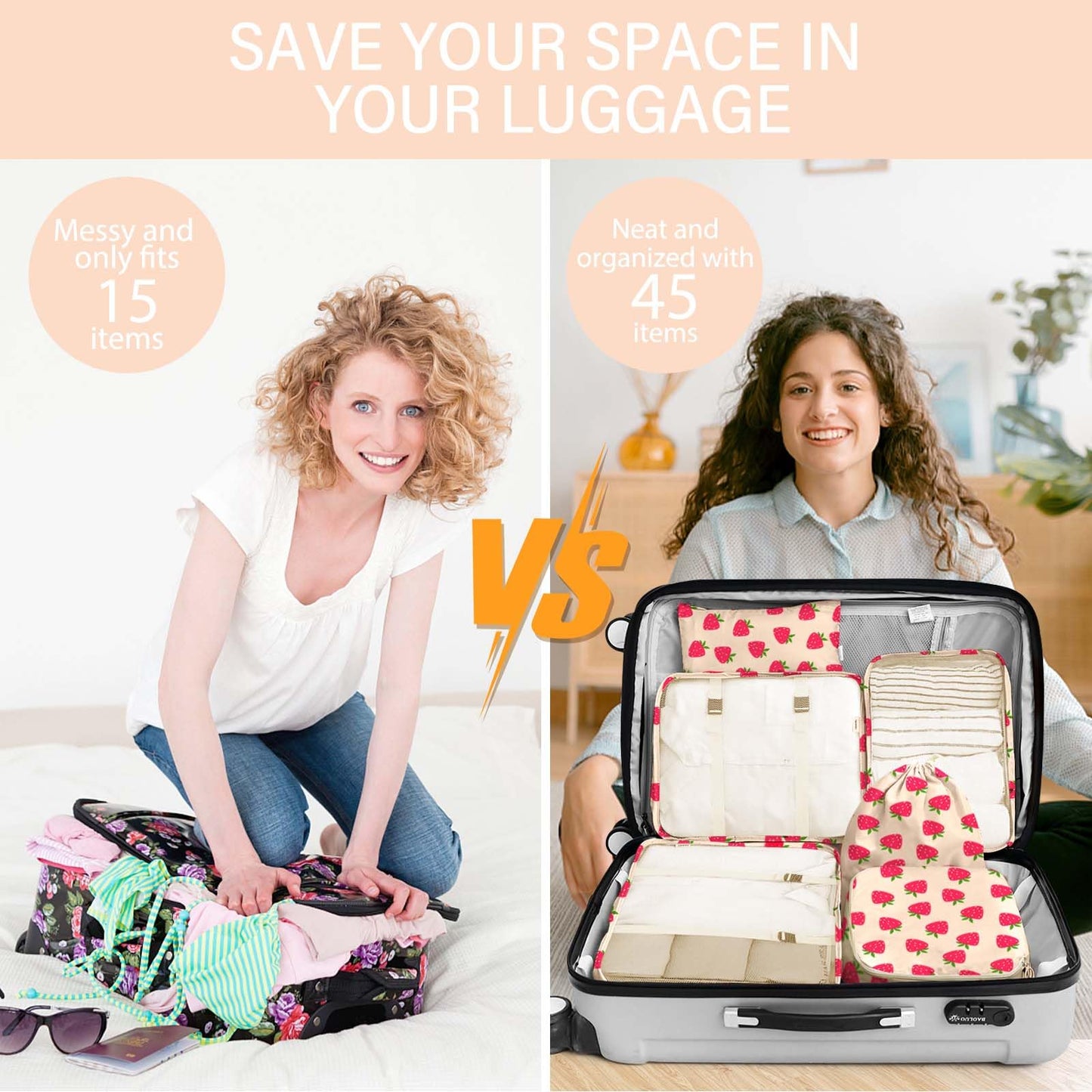 KPX 8 Set Packing Cubes for Travel, Luggage Packing Organizers Accessories Large Toiletries Bag for Clothes Shoes Cosmetics (Strawberry)