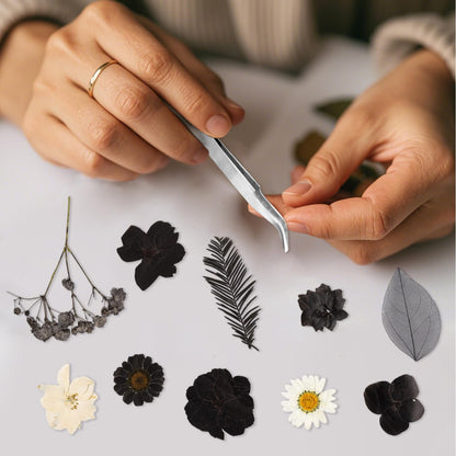 78 Pcs Black and White Dried Pressed Flowers with Tweezer, Halloween Themed Real Dried Flowers Leaves for DIY Crafts Resin Molds, Dried Flowers for Autumn Halloween Decorations