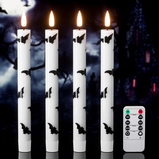 Lasumora Halloween Flameless Taper Candles with Remote Timer, 4 Pack LED Flickering Candlestick, 9.65 Inch Battery Operated Real Wax Candles with Bat Prints for Halloween Decorations
