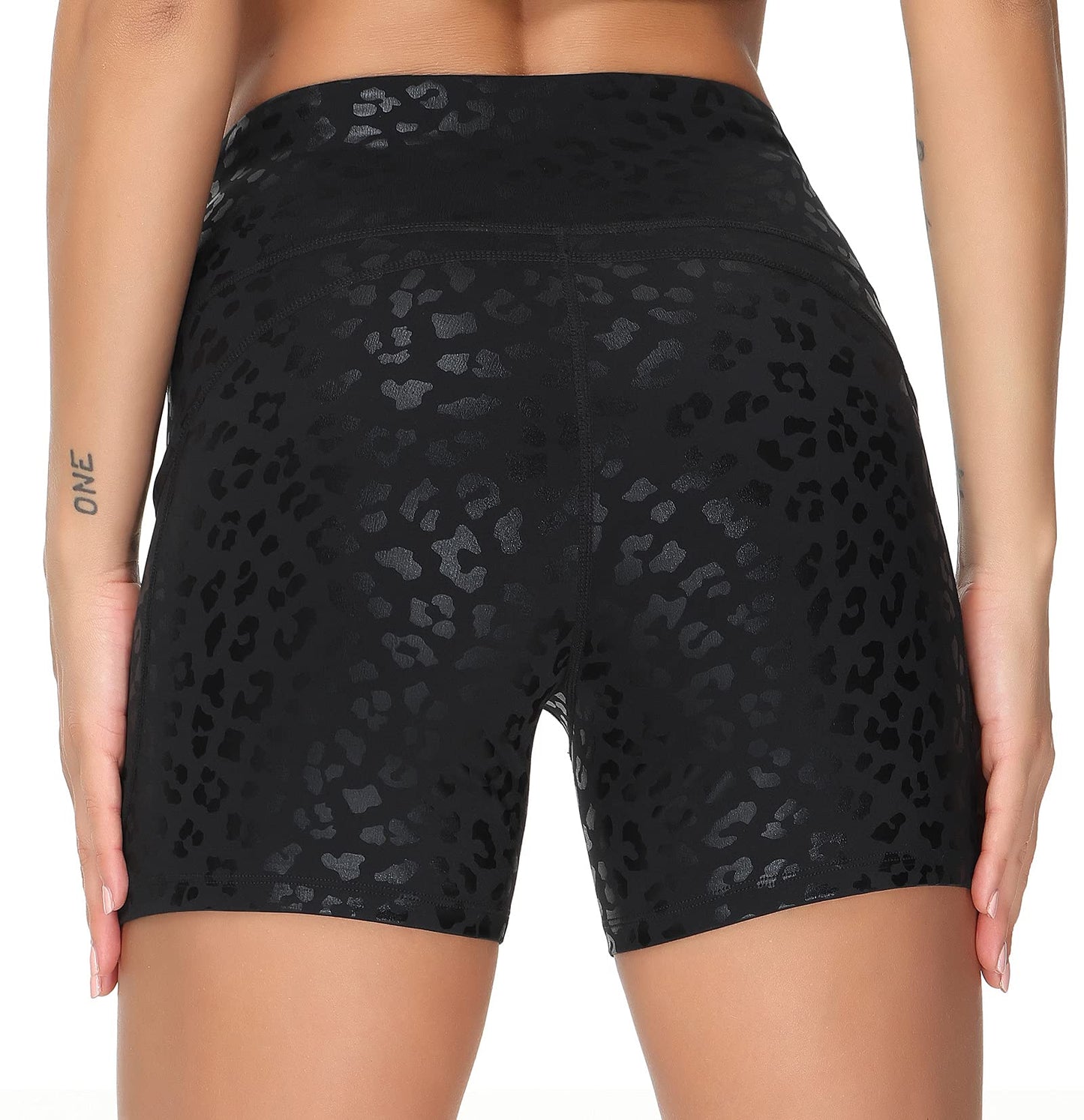Dragon Fit High Waist Yoga Shorts for Women with 2 Side Pockets Tummy Control Running Home Workout Shorts (Medium, Black Leopard)
