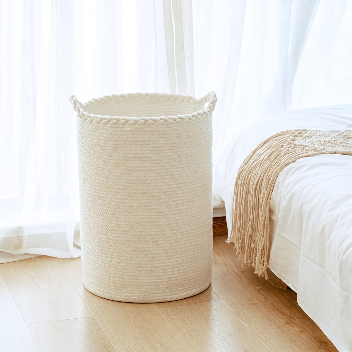 Homlikelan 72L Woven Laundry Hamper,Cotton Tall Wicker Laundry Basket for Blankets,Clothes,Pillows,Toys,Shoes Large Laundry Bin White