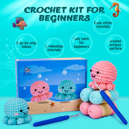 Crochetta Crochet Kit for Beginners, Amigurumi Crocheting Animals Kits w Step-by-Step Video Tutorials, Knitting Starter Pack for Adults and Kids, Jumbo 2 Octopus Familly (40%+ Yarn Content)