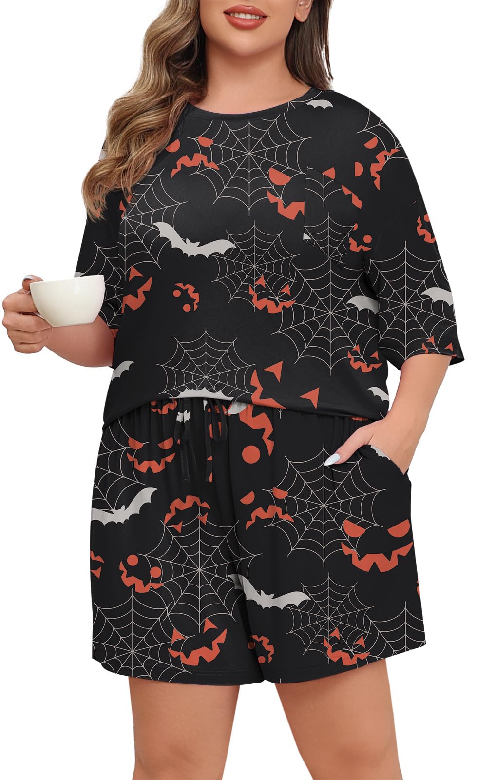 Lastshe Pajamas Set Women's Plus Size 2 Piece Soft Short Sleeve with Pockets Shorts Sleepwear Knit Pjs Loungewear Sweatsuits,Halloween Spider Web,2X