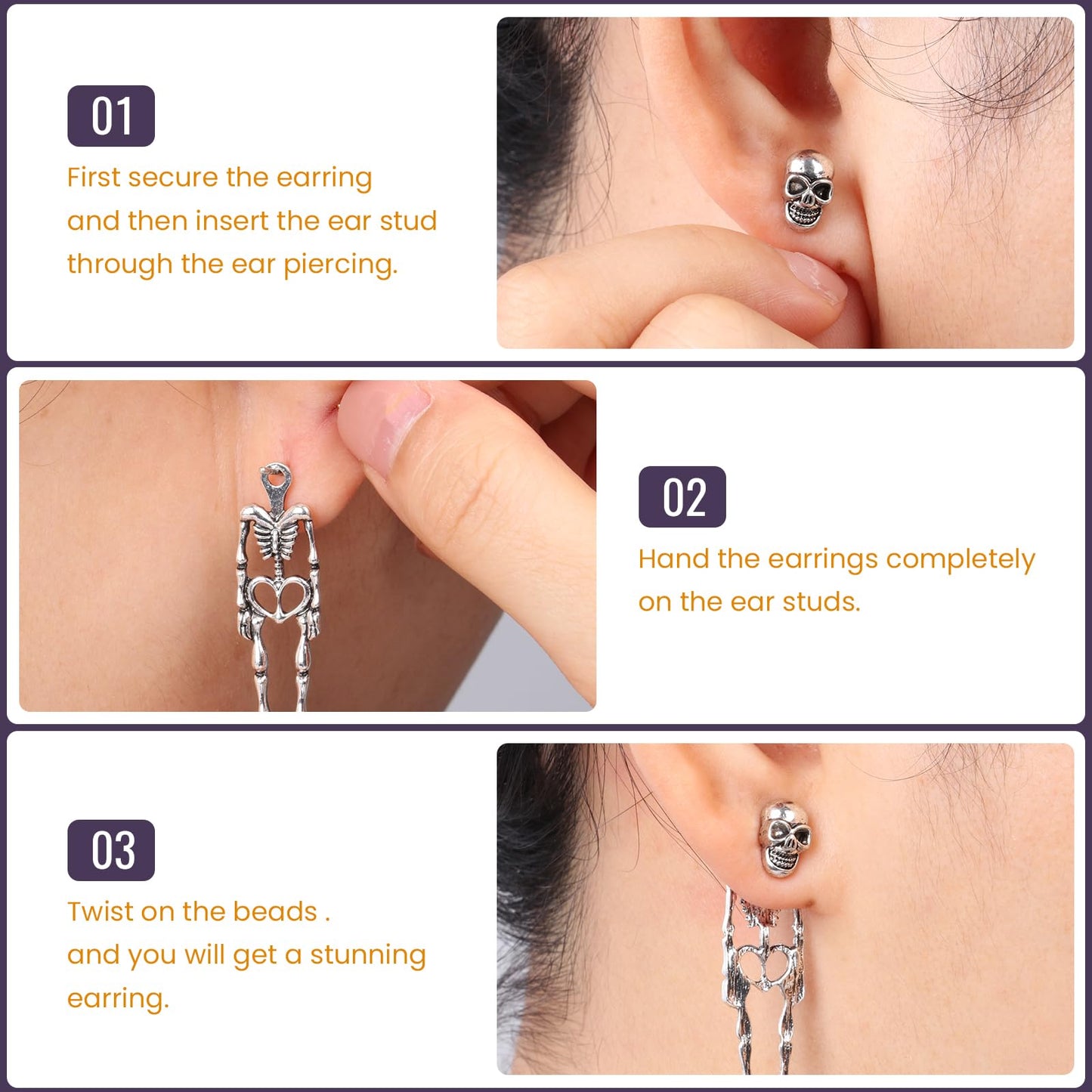 Halloween Earrings Silver, Skeleton Skull Dangle Earrings Jewelry for Women, Ideal for Halloween Party Cosplay(1 Pair Stud Style)