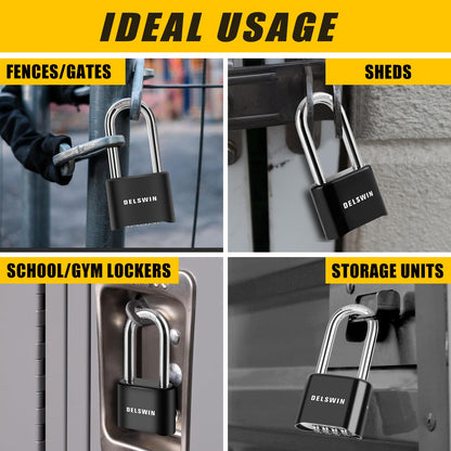 DELSWIN Combination Lock Outdoor Padlock - Weatherproof Extended 2-1/2 in. Long Shackle Combination Padlock for Gate, Shed, Trailers, and Sports Lockers(Black,2Pcs)