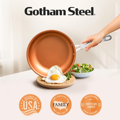 Gotham Steel 9.5 Inch Copper Non Stick Frying Pans, Ceramic Non Toxic Frying Pans Nonstick Skillet Made Without PFOA PFOS, Lightweight, Stay Cool Handle, Oven and Dishwasher Safe
