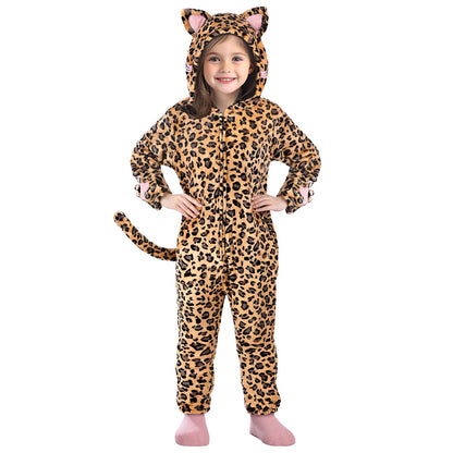 GIFTINBOX Leopard Costume Kids, Zip-Up Hooded Onesie Girls, Cat Costume for Girls Dress Up, Halloween Animal Costumes for Kids 5 6 7 8 9 10 11