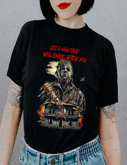 Get A Man That Will Chase After You Halloween Bleached Shirt Women Horror Scary Graphic Tees Top(BK2,M)