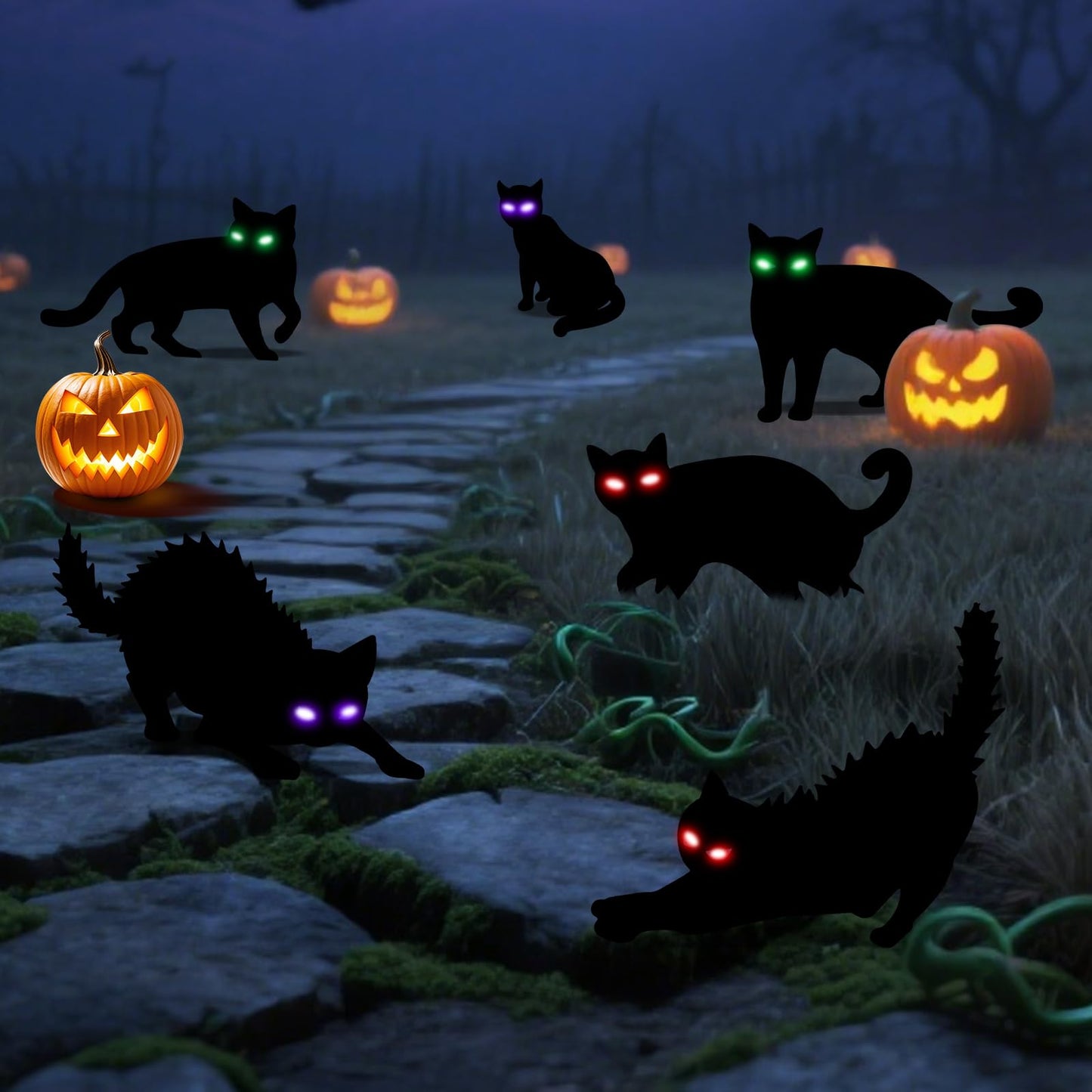LCHUANG 6Pack Black Cat Halloween Decorations Outdoor with LED Glowing Eyes Lights Black Cat Yard Stakes Halloween Decor, Waterproof Outside Cats Blow up Scary Patio Lawn Decorations