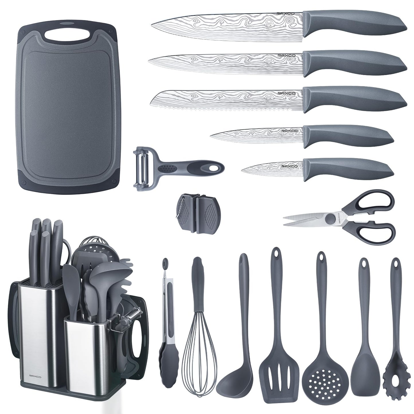 RAXCO Kitchen Utensils Set,18-Piece Cooking Tools and Sharp Knives,Stainless Steel Holder and Cutting Board