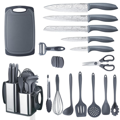 RAXCO Kitchen Utensils Set,18-Piece Cooking Tools and Sharp Knives,Stainless Steel Holder and Cutting Board