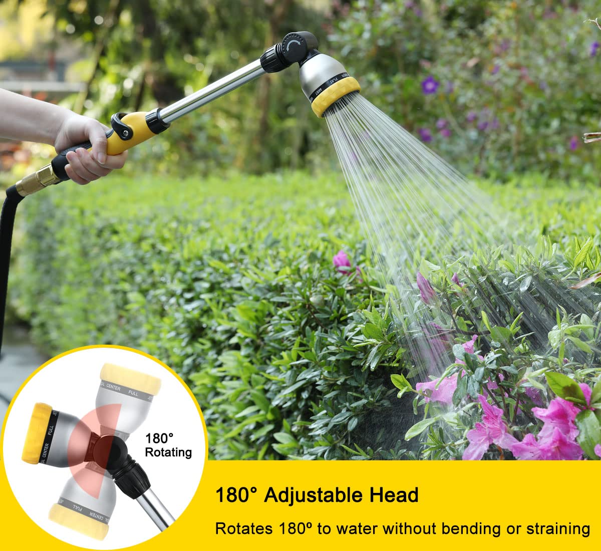 FANHAO 16 Inches Garden Watering Wand, 180° Rotating Head Hose Wand with Thumb Control Shut Off Valve 8 Patterns Heavy Duty Garden Hose Nozzle Yellow
