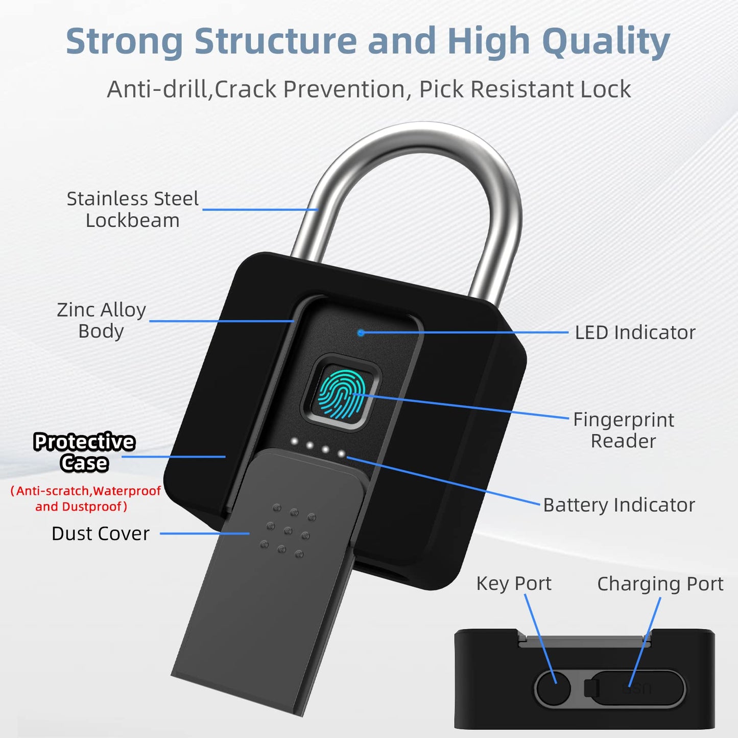 Fingerprint Padlock, Eseesmart Large Size Smart Padlock, Outdoor Waterproof Bluetooth Fingerprint Lock with Mobile APP and Keys, Suitable for Gates, Lockers, Fences, Gym