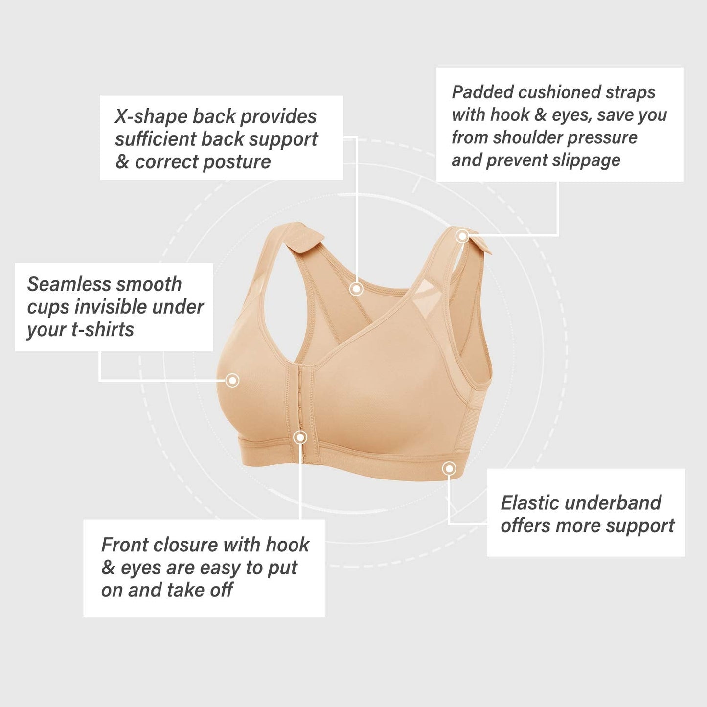 DELIMIRA Women's Front Closure Posture Wireless Back Support Full Coverage Bra Taupe Tan 36C