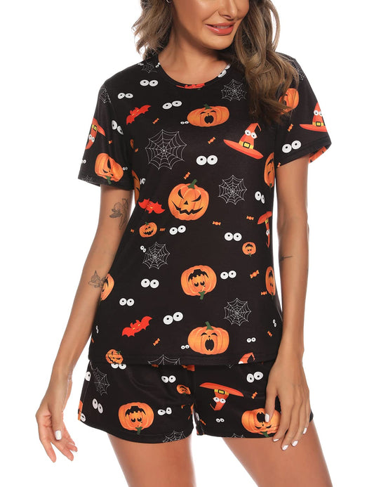 EISHOPEER Women's Halloween Pajamas Cute Print Tee and Shorts Sleepwear Pjs Sets Sleepwear Black M