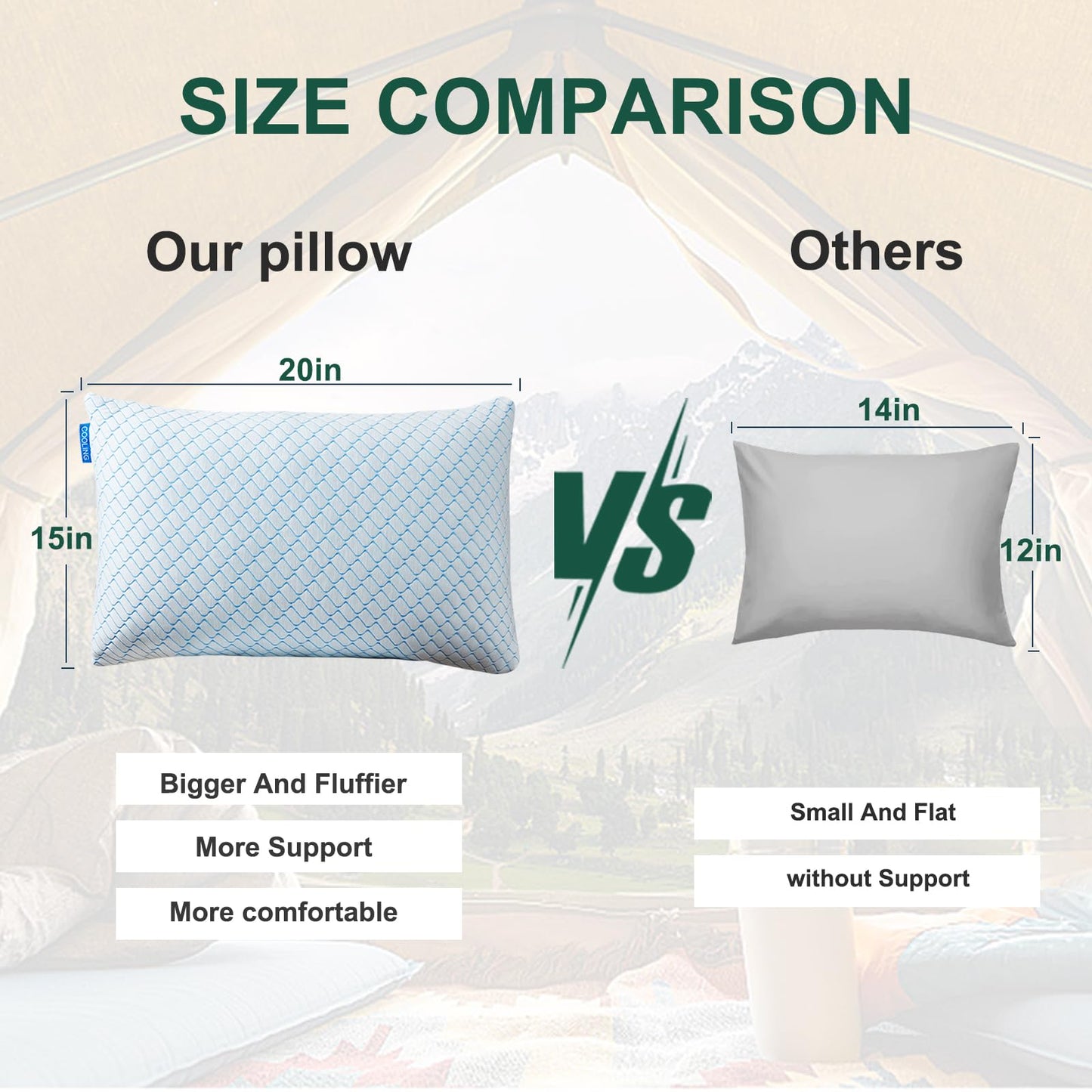 Gehannah Travel Pillow - Large 1 Pack Compressible Camping Pillow for Sleeping - Shredded Memory Foam with 2 Storage Bags - Supportive for Adults, Kids, Outdoor, Backpacking, Hiking Gear