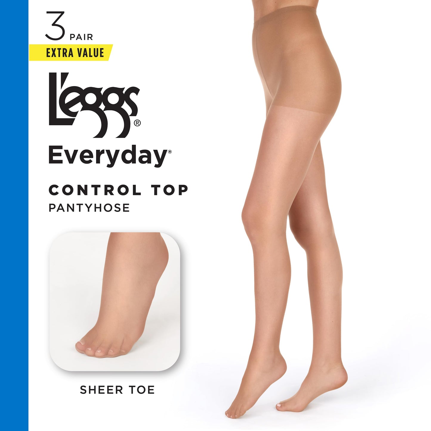 L'eggs Everyday Control Top Sheer Toe Pantyhose for All Day Comfort, 100% Nylon, Nude, Size Q (Pack of 3)