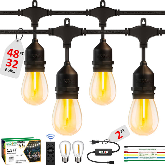 EIKOSON 50FT Outdoor String Lights Waterproof with 30+2 Bulbs(𝟏.𝟓𝐅𝐓 𝐁𝐮𝐥𝐛𝐥𝐬 𝐒𝐩𝐚𝐜𝐢𝐧𝐠), Remote & Dimmer, Commercial Grade Patio Lights with 3 Mode Light & Timing,100PC Ties for Outside