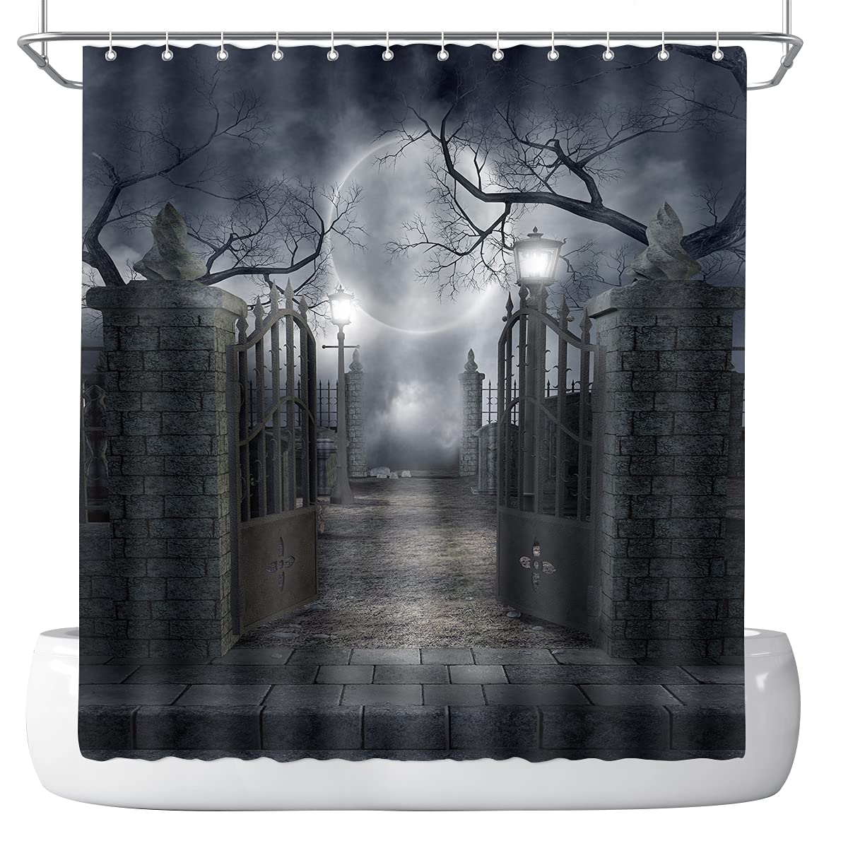 DePhoto Halloween Shower Curtain for Bathroom Scary Night Courtyard Door Spooky Moon Horrifying Dead Tree Street lamp Poliester Water Proof Fabric Decoration with 12Hooks 72x72inch