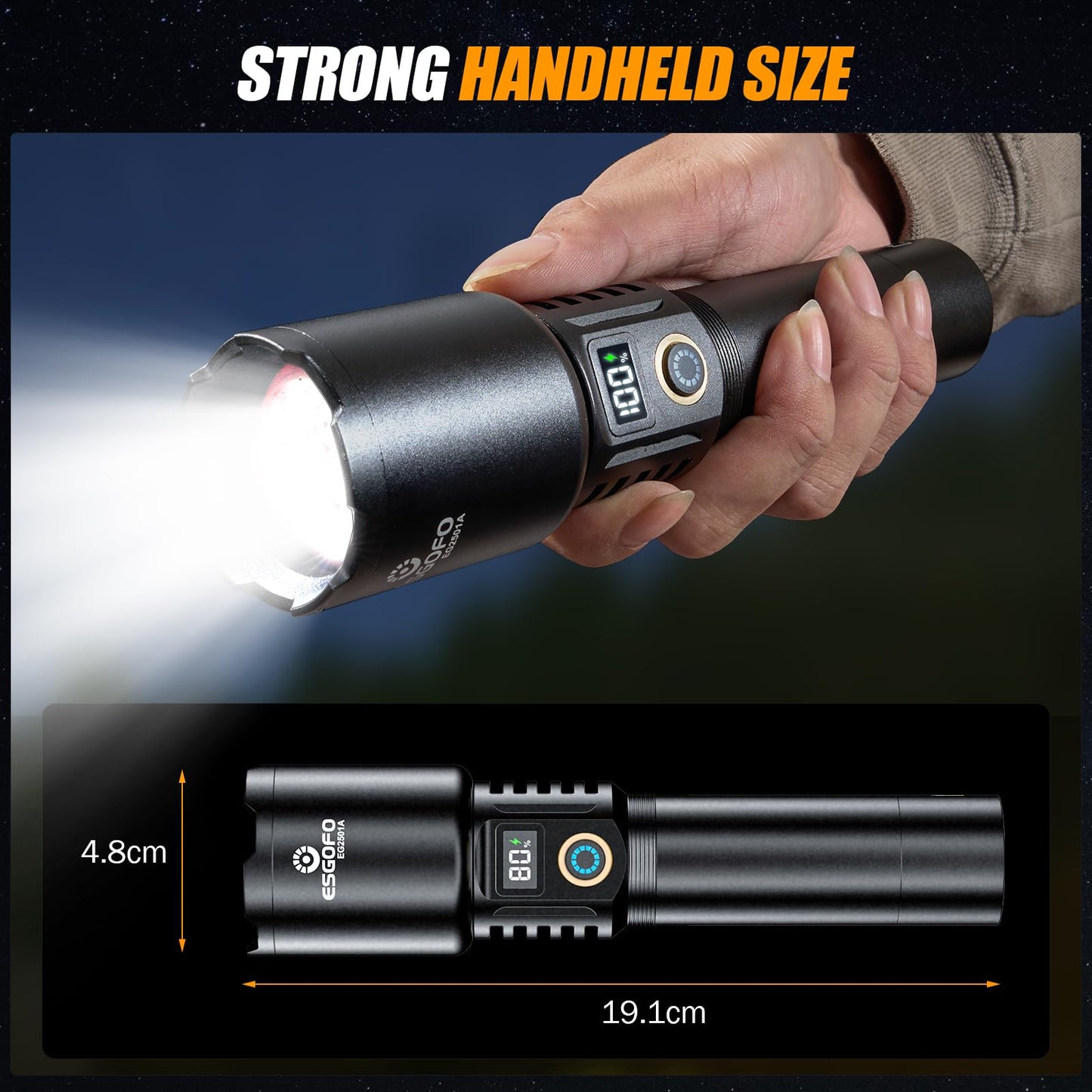 Esgofo Rechargeable Flashlights High Lumens 1000000 Long Range 3280FT, Super Bright Handheld Strong LED Flashlight Long Lasting 15H, Powerful Flash Light USB C, Zoomable 5 Modes, for Camping Hiking