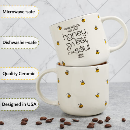 Christian Art Gifts Large Ceramic Coffee & Tea Mug for Women: Kind Words are Like Honey Inspirational Bible Verse, Non-toxic/Lead-free, Microwave/Dishwasher Safe Bumble Bee Cup, Yellow/White, 15 oz.