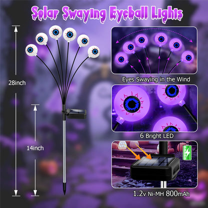Halloween Decorations Outdoor, 4 Pack 24 LED Solar Purple Scary Eyeball Swaying Lights, Purple Solar Firefly Light Waterproof Outdoor Garden Lights for Halloween Yard Garden Lawn Party Flower Bed