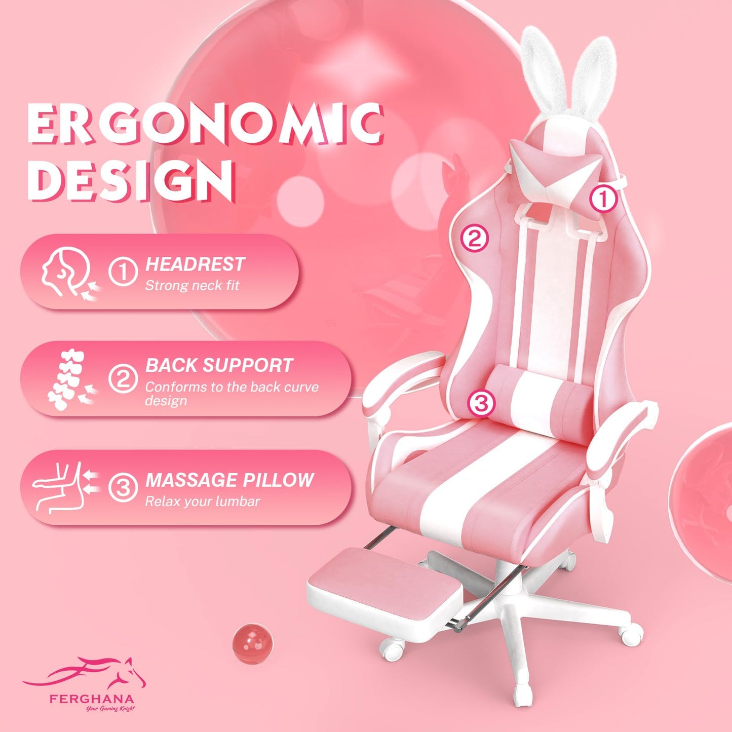 Ferghana Kawaii Pink Gaming Chair with Bunny Ears, Ergonomic Cute Gamer Chair with Footrest and Massage, Racing Reclining Leather Office Computer Game Chair 250lbs for Girls Adults Teens Kids