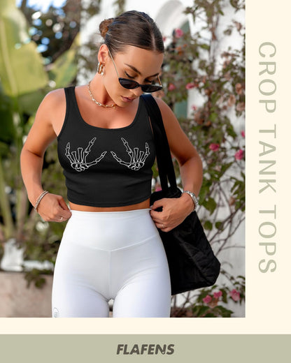 Flafens Crop Tops for Women Summer Tank Tops - Cute Ribbed Knit U Neck Graphic Sleeveless T Shirts Workout Yoga Gym Short Tanktops Skull Hand Action Teen Girls for Going Out Daily, Medium