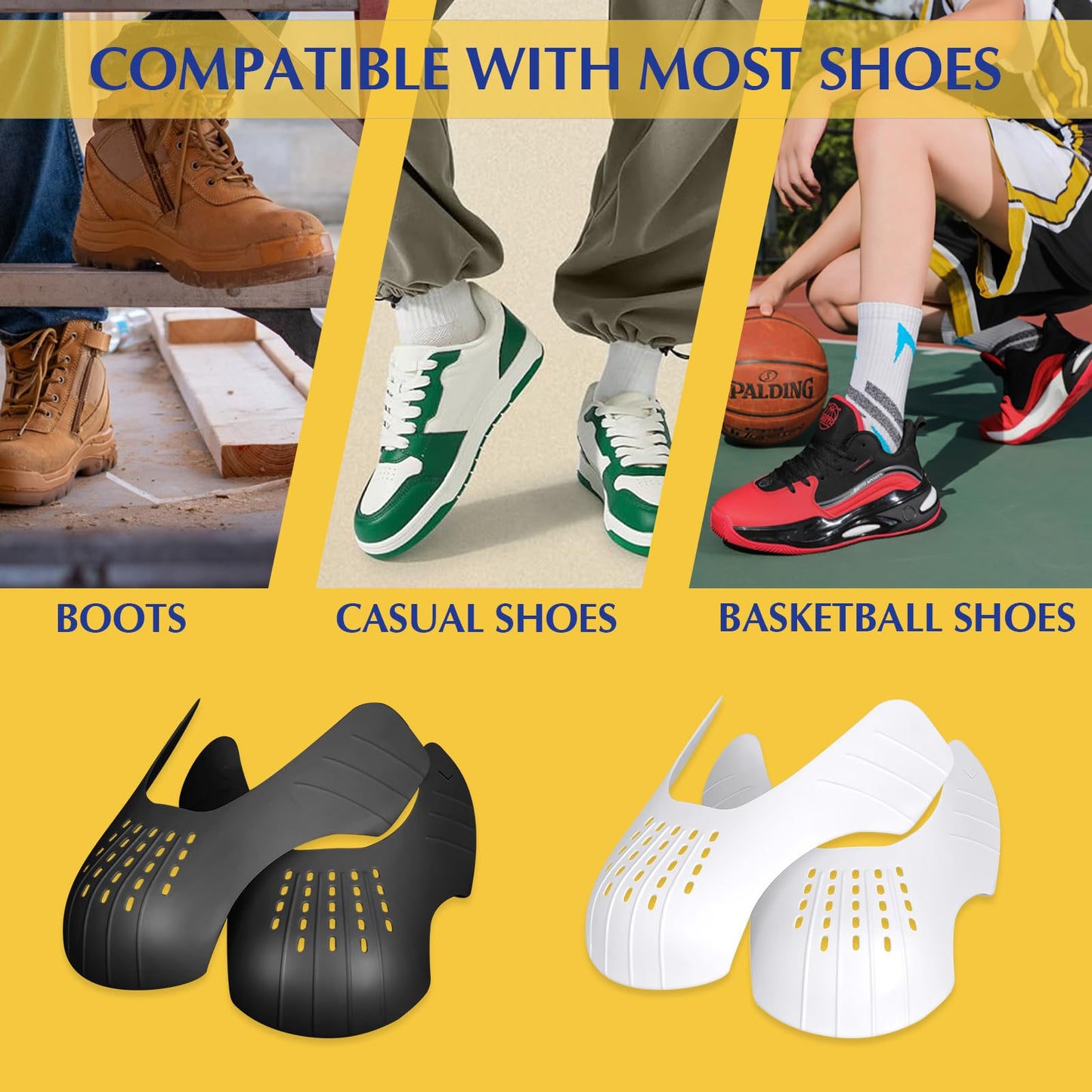 Crease Protector Shoe Guard for Sneakers: Jordans/Air Force 1/ Dunks, 6 Pairs Anti Crease Shoe Protector, Men Women Kids Size 3-6, Black+White