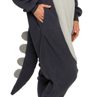 Funziez! Adult Onesie Halloween Costume - Animal Dinosaur Shark - Unisex Plush One Piece Cosplay Suit, Men and Women (Large, Triceratops Grey)