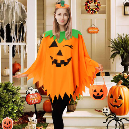 KOFECIT 3 PCS Halloween Pumpkin Poncho for Women,Pumpkin Cape Costume with Headband and Candy Bag,Halloween Costume for Women Adults