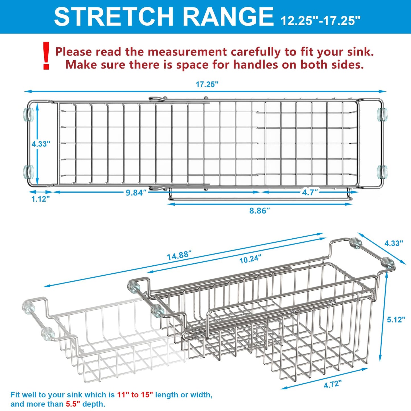 FavoThings Over The Kitchen Sink Caddy Sponge Holder Organizer Drying Rack Expandable for Sponge Brush Soap Dish Cloth Rag, Stainless Steel (12.25" to 17.25")